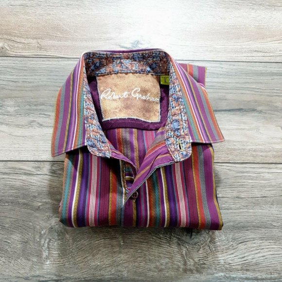 Robert Graham Mens Long Sleeve Shirt Large Designer Flip Cuff Embroidered Purple - Picture 12 of 12